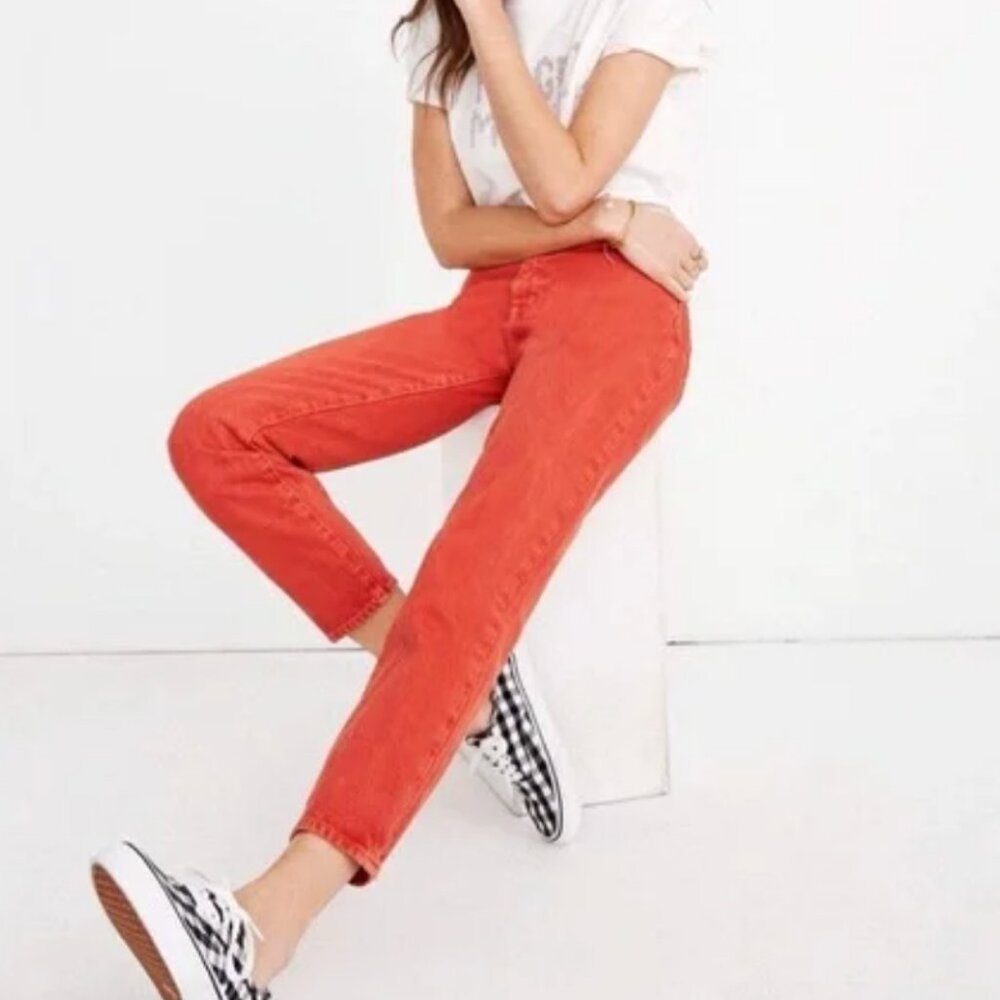 Madewell The Mom Jean High Rise Ankle Jeans Denim 24 Red Garmet Dyed NWT Cotton